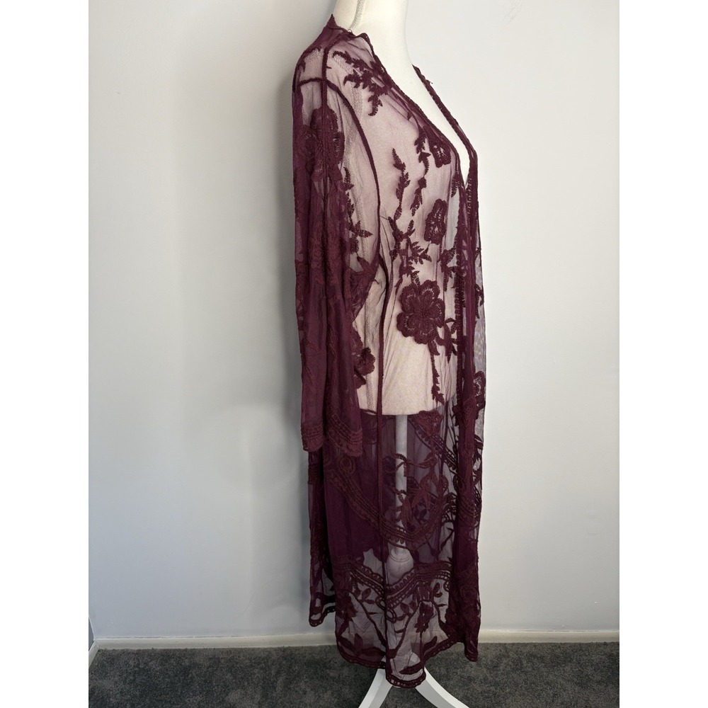 Open Cardigan Lace Kimono Sz Large Wine Sheer Layering Boho Romantic Fairy - Picture 3 of 9